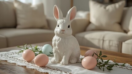 easter decoration and ceramic rabbit on a table in a living room, space for copy