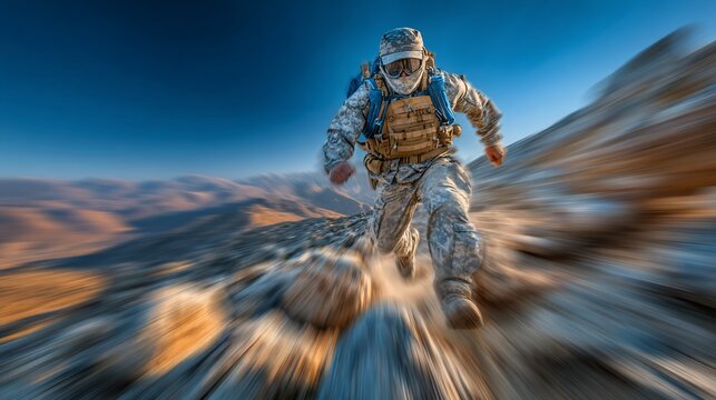 An intense, fast-paced depiction of a soldier in motion, running through rugged terrain with