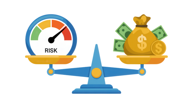 Balancing risk and reward on a scale with a gauge and money bag symbolizing financial investment decisions