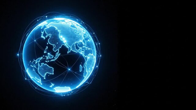 A simple, dynamic digital visualization of global connectivity. Luminous blue Earth with glowing network lines symbolizes worldwide communication and advanced technology