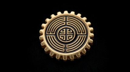 Golden gear with labyrinth pattern symbol of technology and design on black