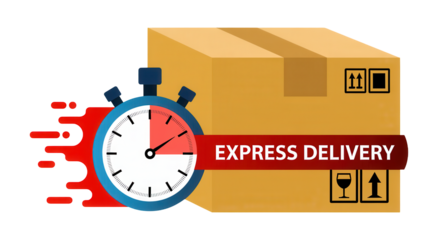 Fast express delivery service with a clock and a cardboard package 