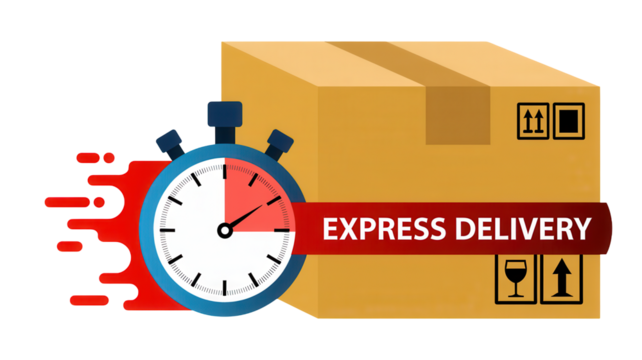 Fast express delivery service with a clock and a cardboard package 