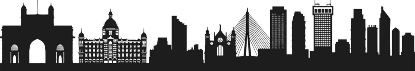 Mumbai city skyline silhouette vector illustration, India architecture landmark, urban cityscape design, famous buildings, travel tourism art, modern landscapeMumbai city skyline silhouette vector 