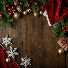 Rustic Christmas Decoration on Wooden Background with Red Ribbon and Candy Canes