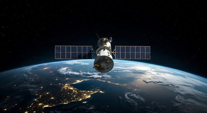 Satellite orbiting Earth, showcasing advanced technology and space exploration against a backdrop of stars and a glowing planet