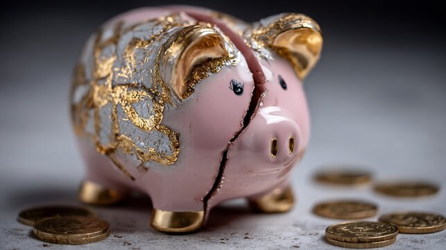 Broken piggy bank with golden accents symbolizing financial loss and economic instability - Powered by Adobe