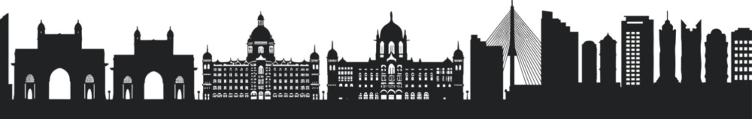 Fototapeta premium Mumbai city skyline silhouette vector illustration, Indian architecture landmarks, modern buildings, travel tourism art, urban landscape design, cultural heritage, cityscape