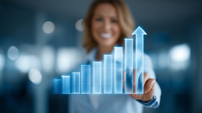 Businesswoman visualizing financial growth with digital graph and arrow interface