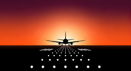 Airplane Silhouette Landing on Runway at Colorful Sunset