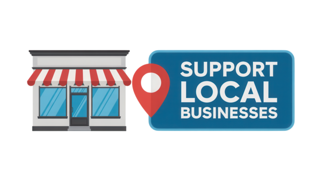 Illustration of a storefront next to a location pin and a blue sign encouraging support for local businesses