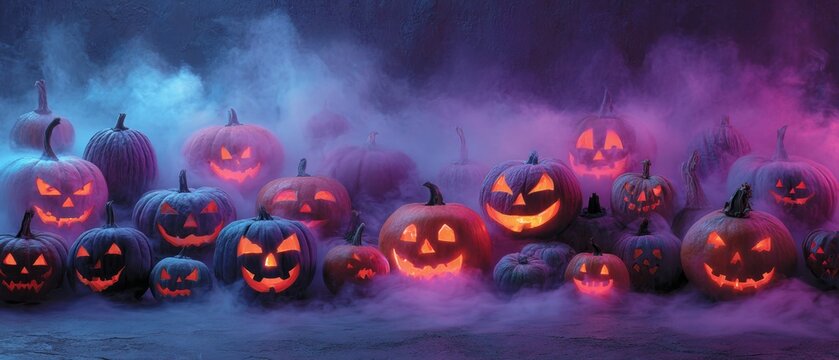Spooky atmosphere with neon pumpkins shrouded in festive fog. Sharp image. Glowing pumpkins and lanterns cast an eerie neon light for halloween. Visual balance. Strong contrast.