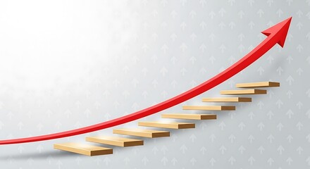 Red arrow graph showing upward trend over wooden stairs, symbolizing growth and success