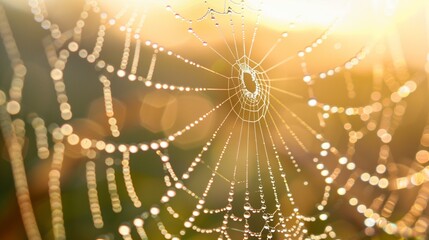 Close-up of dew drops on spider web, sparkling in sunlight, delicate natural background.
