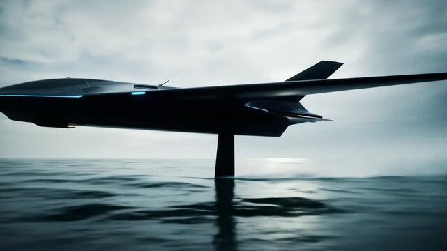Futuristic hydrofoil boat gliding on the water surface with an overcast sky, a vision of modern