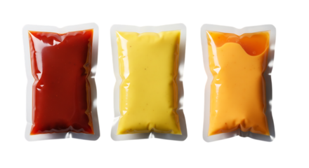 Red yellow orange sauce packets isolated on a transparent background
