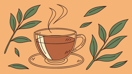 Hot tea cup with leaves illustration vector, herbal tea, tea time, tea break, tea party, tea shop