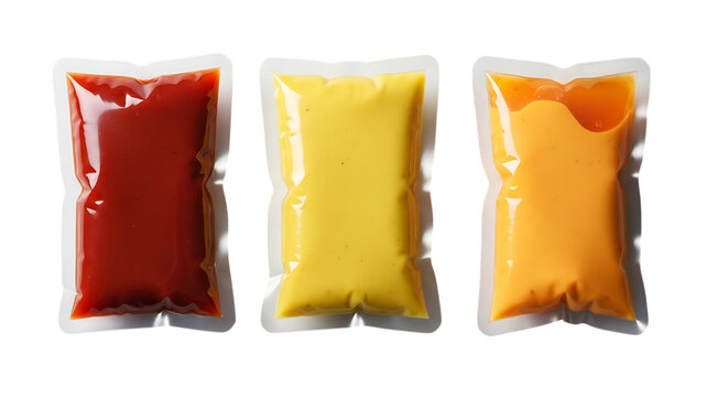 Red yellow orange sauce packets isolated on a transparent background