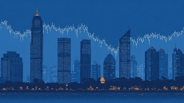 Cityscape and financial chart overlay, illustrating economic trends in urban centers - Powered by Adobe