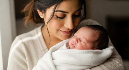 Caring mother holding her sleeping newborn baby, wrapped in a soft blanket, looking down with love and adoration, gentle light from the window