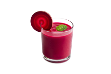 A glass of beetroot smoothie with sliced beetroot and a mint leaf, all set against a white background.