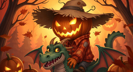 Pumpkin Head with Dragon in Autumn Forest Illustration