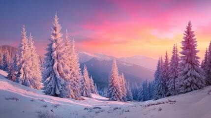 Whispering pines: a snow-kissed sunrise in the carpathian mountains. Film poster. Bright carpathian dawn: fir trees in fresh snow under first sunlight. Advertising photo. Cinema artwork.
