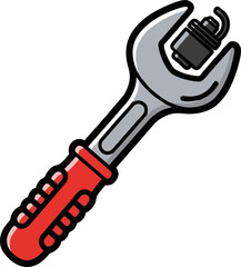 Cartoon Wrench Holding Spark Plug, Red Handle and Automotive Repair Concept