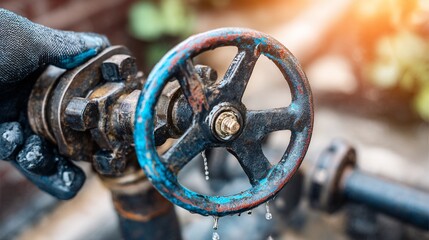 Close-up of a Rusty Water Valve with Water Droplets and Gloved Hand Ready to Repair
