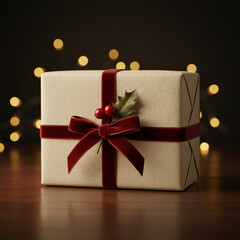 Christmas Gift Box With Red Ribbon and Mistletoe, Bokeh Lights in The Blurry Background