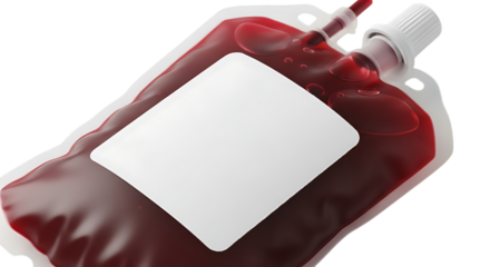 Red blood bag with white label isolated on a transparent background
