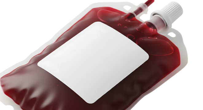 Red blood bag with white label isolated on a transparent background