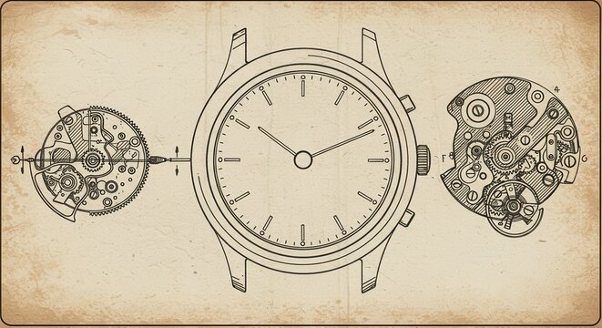 Detailed illustration of a mechanical watch, showing the disassembled parts and internal workings, with a vintage style and sepia color palette creating a feeling of elegance and technical precision
