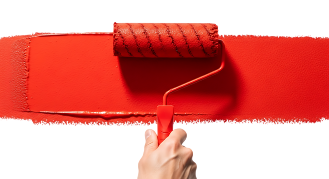 Hand holding red paint roller applying vibrant red paint isolated on a transparent background