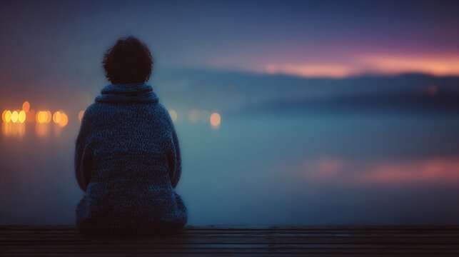 Contemplative figure watching twilight over water expressing loneliness and peace
