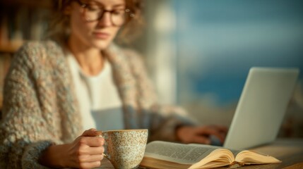 Cozy workspace with woman enjoying coffee and technology for remote work setting