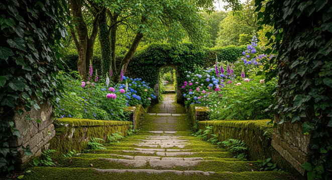 A serene garden path with stone steps leading through lush greenery and colorful flowers, creating a peaceful and inviting scene, perfect for relaxation and contemplation