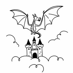 Cute cartoon dragon flying over a fairytale castle in the clouds
