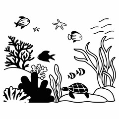 Cute cartoon underwater scene with turtle fish and coral
