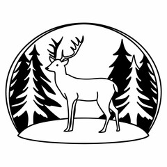 Deer standing in a snowy forest scene inside an oval frame