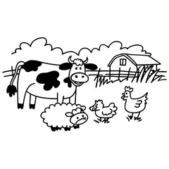 Farm animals including a cow sheep and chickens in a field with a barn