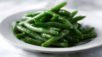 Freshly blanched green beans are served on a clean white plate showcasing vibrant color and texture