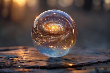 Crystal Ball with Galaxy Reflection on Wooden Surface