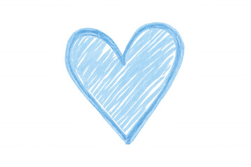 Blue love heart drawing, hand drawn with colored pencil, expressing romance and care on transparent background