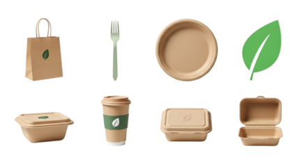 Eco friendly food packaging and utensils isolated on a transparent background