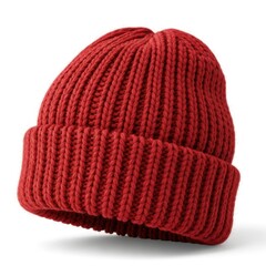 Cozy knitted red beanie on white background