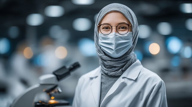 Dedicated female scientist in lab coat wearing hijab and face mask, performing scientific research