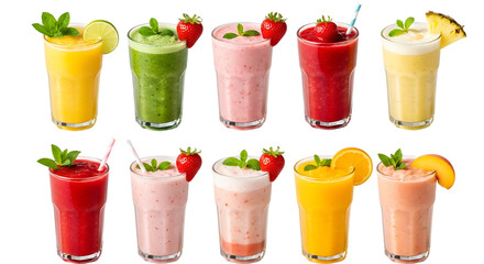 Colorful fruit smoothies and drinks isolated on a transparent background