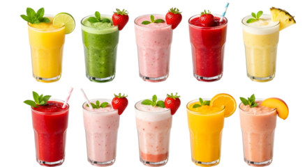 Colorful fruit smoothies and drinks isolated on a transparent background