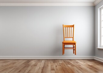 Chair is suspended in midair in a room with a white wall